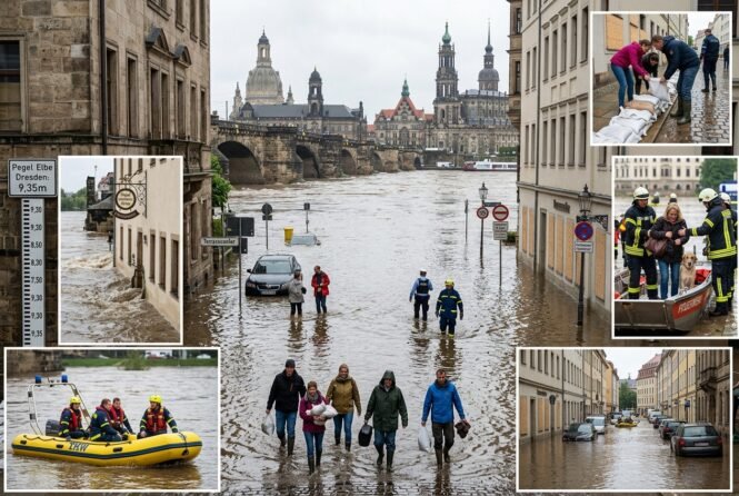 Large flood in Dresden: river water flooding streets, submerged cars, and people wading as rescue crews respond in the background.