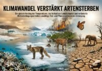 Klimawandel verstärkt Artensterben: Collage aus schmelzendem Eis, Trockenheit, Waldbrand und Tieren wie Wolf, Tiger, Elefant und Schmetterling, zeigt Biodiversitätsverlust.