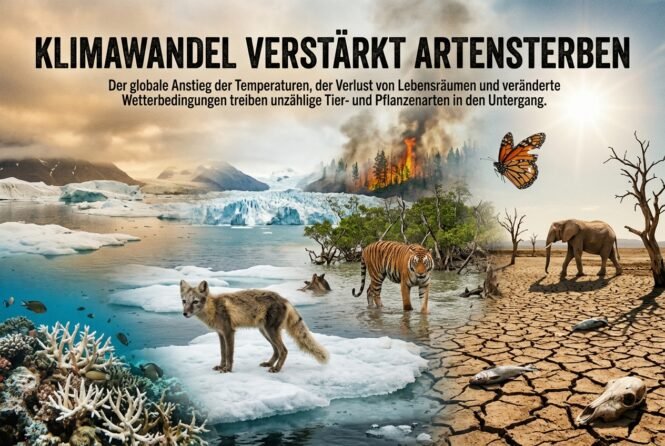 Klimawandel verstärkt Artensterben: Collage aus schmelzendem Eis, Trockenheit, Waldbrand und Tieren wie Wolf, Tiger, Elefant und Schmetterling, zeigt Biodiversitätsverlust.