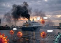 Passenger ship at a harbor emitting dark smoke, with cartoon viruses at the water's edge saying phrases like 'Endlich!', 'Mehr Dreck!', 'Super Luft!', and 'Wir lieben es!'