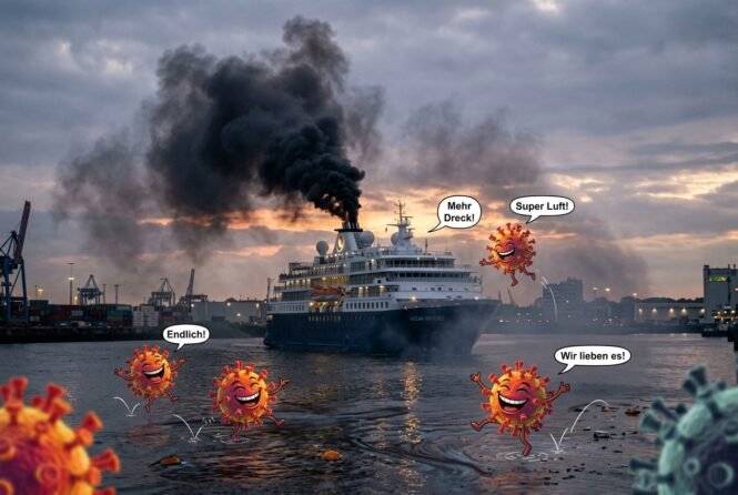 Passenger ship at a harbor emitting dark smoke, with cartoon viruses at the water's edge saying phrases like 'Endlich!', 'Mehr Dreck!', 'Super Luft!', and 'Wir lieben es!'