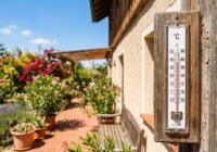 Thermometer mounted on a wooden post beside a sunlit garden with potted plants and colorful flowers; reads around 30°C.