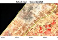 Der nördliche Teil des Gazastreifens (gelb umrandet) im September 2025. Rot kennzeichnet die Vegetationsflächen. | Quelle: ESA: Sentinel-2 | Copyright: Progress in Physical Geography