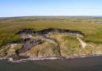 Aerial view of rugged shoreline with eroded cliffs, green plains, and tidal pools along the coast.