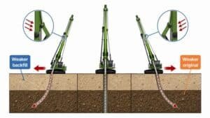 Cross-section of soil showing three surface jacking machines; arrows indicate soil settlement from weaker backfill and weaker original soil.