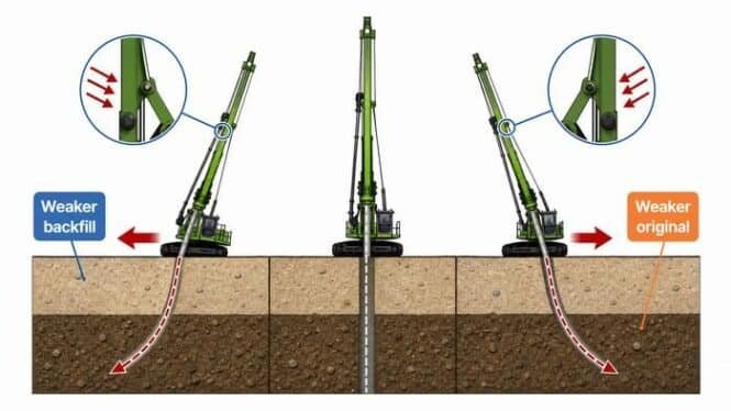 Cross-section of soil showing three surface jacking machines; arrows indicate soil settlement from weaker backfill and weaker original soil.