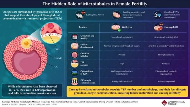 Infographic about microtubules and female fertility: left shows a cross-section of a follicle with granulosa cells and transzonal projections (TZPs); right compares wild-type and Camsap3-KO, noting differences in ovulation, follicle development, TZP number, and oocyte–granulosa cell communication.