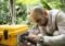 Field technician in a beige shirt inspects and connects cables to a yellow rugged field device outdoors in a tropical setting.