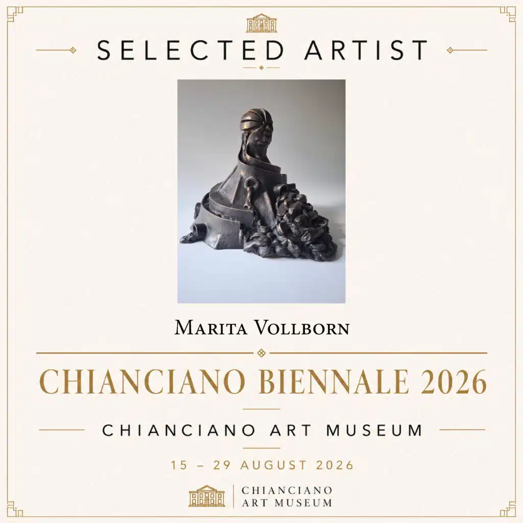 Poster for Chianciano Biennale 2026 announcing the selected artist, Marita Vollborn, with a sculptural artwork image in the center.