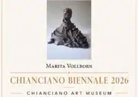 Poster for Chianciano Biennale 2026 announcing the selected artist, Marita Vollborn, with a sculptural artwork image in the center.
