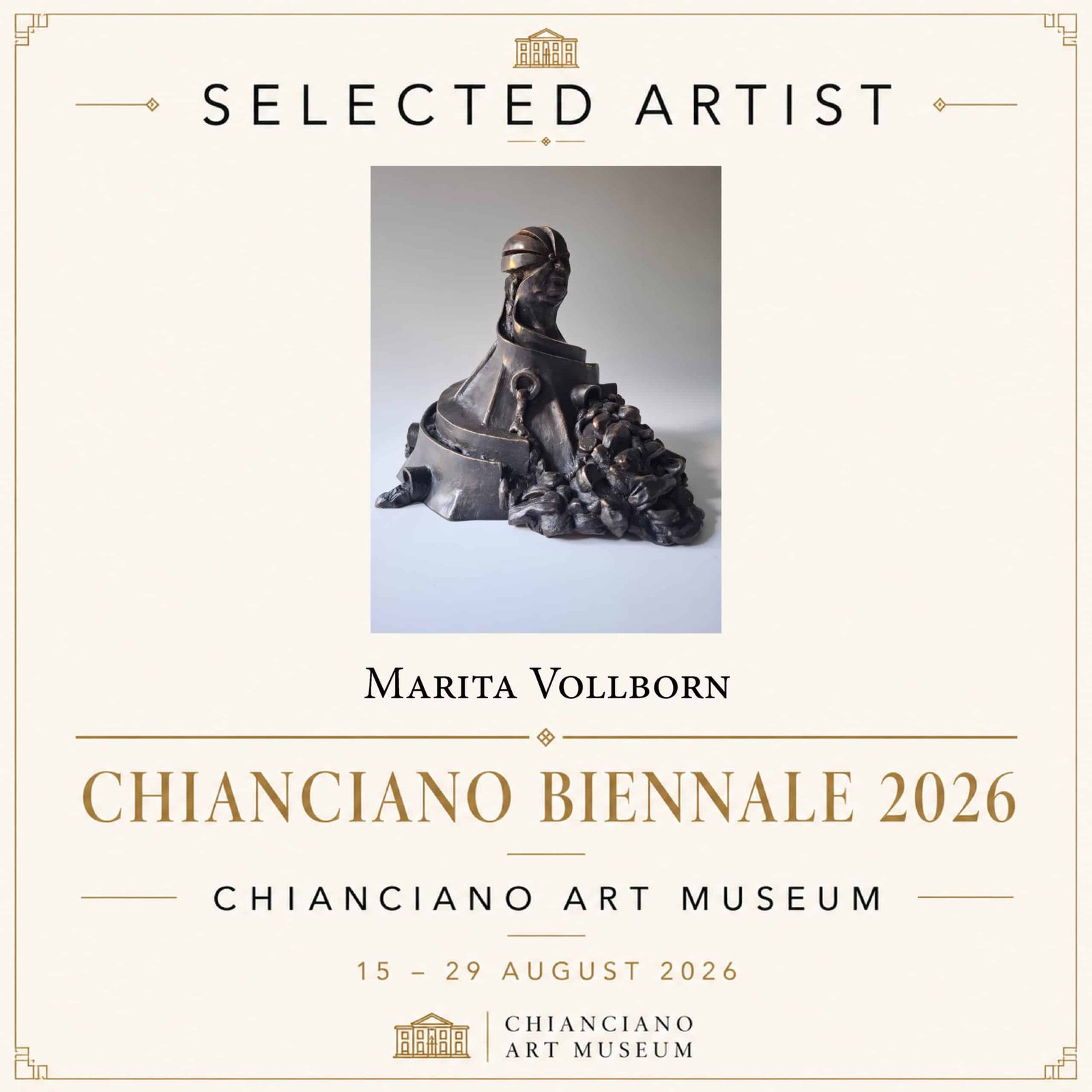 Poster for Chianciano Biennale 2026 announcing the selected artist, Marita Vollborn, with a sculptural artwork image in the center.