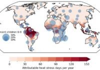 Global map of attributable heat stress days per year (0–150) with a red-to-dark red color scale; blue circles indicate the percent of children aged 0–9 by region.