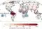 Global map of attributable heat stress days per year (0–150) with a red-to-dark red color scale; blue circles indicate the percent of children aged 0–9 by region.