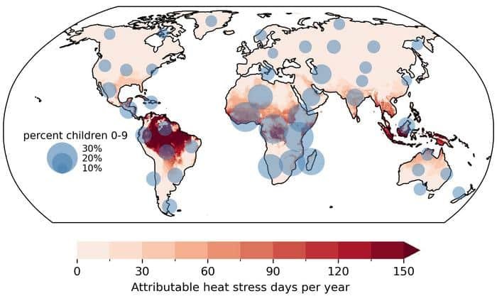 Kinder weltweit, die von klimabedingtem Hitzestress betroffen sind. Die Farbe der Karte zeigt die Anzahl der zusätzlichen Hitzestresstage pro Jahr, die heute aufgrund des vom Menschen verursachten Klimawandels auftreten; die Größe des Kreises zeigt den prozentualen Anteil der Bevölkerung im Alter von 0 bis 9 Jahren in jeder AR6-Landregion. Diese Abbildung ergänzt die Pressemitteilung zur Studie „Altersspezifische Belastung durch vom Menschen verursachte Zunahme feuchter Hitze“.Credits
Pietroiusti et al. 2026
