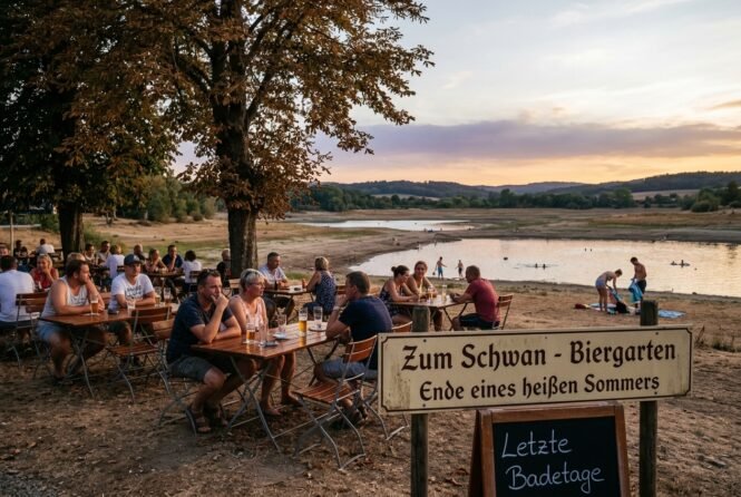 Das Ende des heißesten Sommers in Deutschland | Pugnalom People sit at long wooden tables in an outdoor biergarten by a river at sunset, under trees; a sign reads 'Zum Schwan - Biergarten' and a chalkboard says 'Letzte Badetage'.