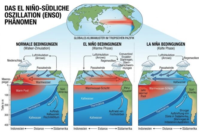 Infographic about El Niño–Southern Oscillation: three panels compare Normal Conditions, El Niño, and La Niña in the Pacific, showing warm water pool, upwelling, thermocline depth, trade winds, and associated rainfall patterns.