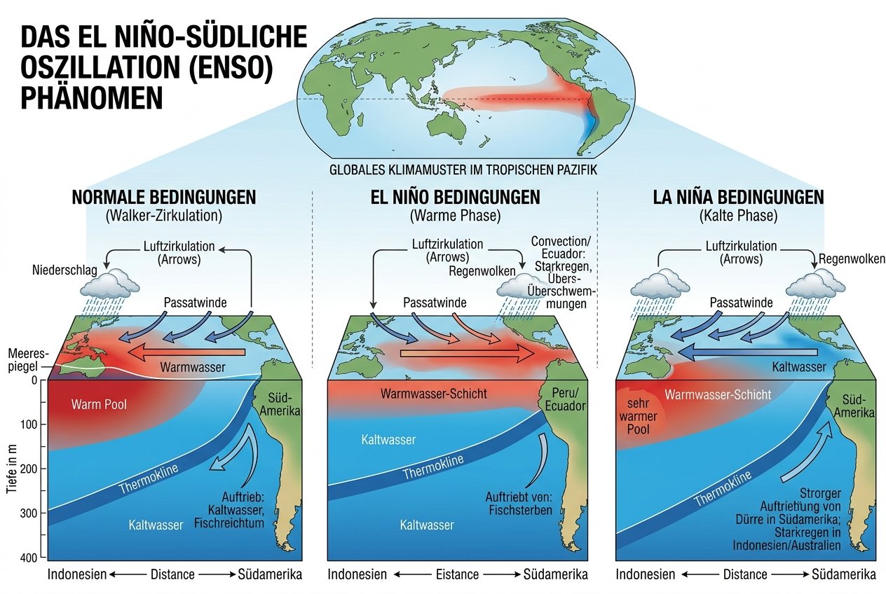 Infographic about El Niño–Southern Oscillation: three panels compare Normal Conditions, El Niño, and La Niña in the Pacific, showing warm water pool, upwelling, thermocline depth, trade winds, and associated rainfall patterns.