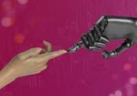 Human hand reaching toward a robotic hand against a magenta tech background, symbolizing collaboration.