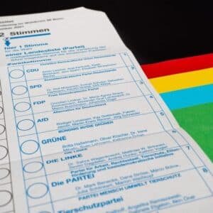 Close-up of a German ballot paper showing party rows (CDU, SPD, FDP, GRÜNE, DIE LINKE) with selection circles, beside a colorful flag.