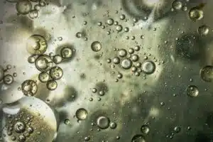Bubbles of varying sizes suspended in a cloudy liquid with greenish-gray tones.