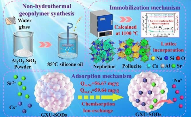 Informational collage detailing non-hydrothermal geopolymer synthesis, immobilization by calcination at 1100°C, and adsorption/ion-exchange mechanisms in GXU-SODS particles. Left shows Al2O3-SiO2 powder to silicone oil process; center shows calcination and lattice incorporation; bottom illustrates adsorption with Sr2+, Cs+ exchanging with Na+ in a spherical GXU-SODS framework.