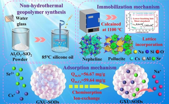 Die GXU-SODs werden über eine nicht-hydrothermale Geopolymer-Öltropfenmethode hergestellt, die Sr effizient einfangen kann2+ und Cs+ durch Ionenaustausch und Chemisorption. Nach der Kalzinierung bei 1100 °C werden die adsorbierten Radionuklide in das Kristallgitter der Nephelin- und Pollucitphasen eingebettet. Die normalisierten Auslaugungsraten von Sr2+ und Cs+ Erfüllen Sie den Sicherheitsstandard der Entsorgung radioaktiver Abfälle und erreichen Sie eine dauerhafte Immobilisierung.Kredit
Journal of Advanced Ceramics, Tsinghua University Press