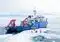 Arctic research vessel with red cranes on a cracked ice field and a small group of people inspecting the area