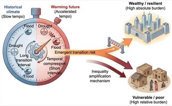 Clock-like climate timeline showing slow historical changes and fast warming; illustrating flood, drought, and transition risks leading to inequality between rich and poor.
