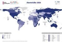 World map illustrating storm risk (Sturmisiko 2026) by country; darker blues indicate higher risk, with country rankings and a legend panel at the bottom.
