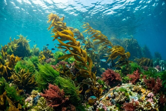Underwater scene of a vibrant kelp forest and colorful coral reef with small fish swimming among seaweed between sunlit blue waters.