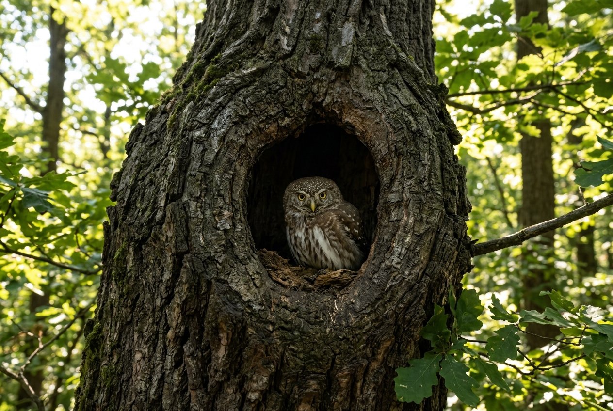 Baumhöhlen schützen Tiere vor Hitze | Pugnalom Owl perched inside a dark tree hollow, surrounded by rough bark in a sunlit forest edge.