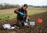 A person in a brown jacket and blue gloves collects soil samples in a plowed field, with bags, tools, and warning signs about cadmium contamination nearby.