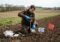 A person in a brown jacket and blue gloves collects soil samples in a plowed field, with bags, tools, and warning signs about cadmium contamination nearby.