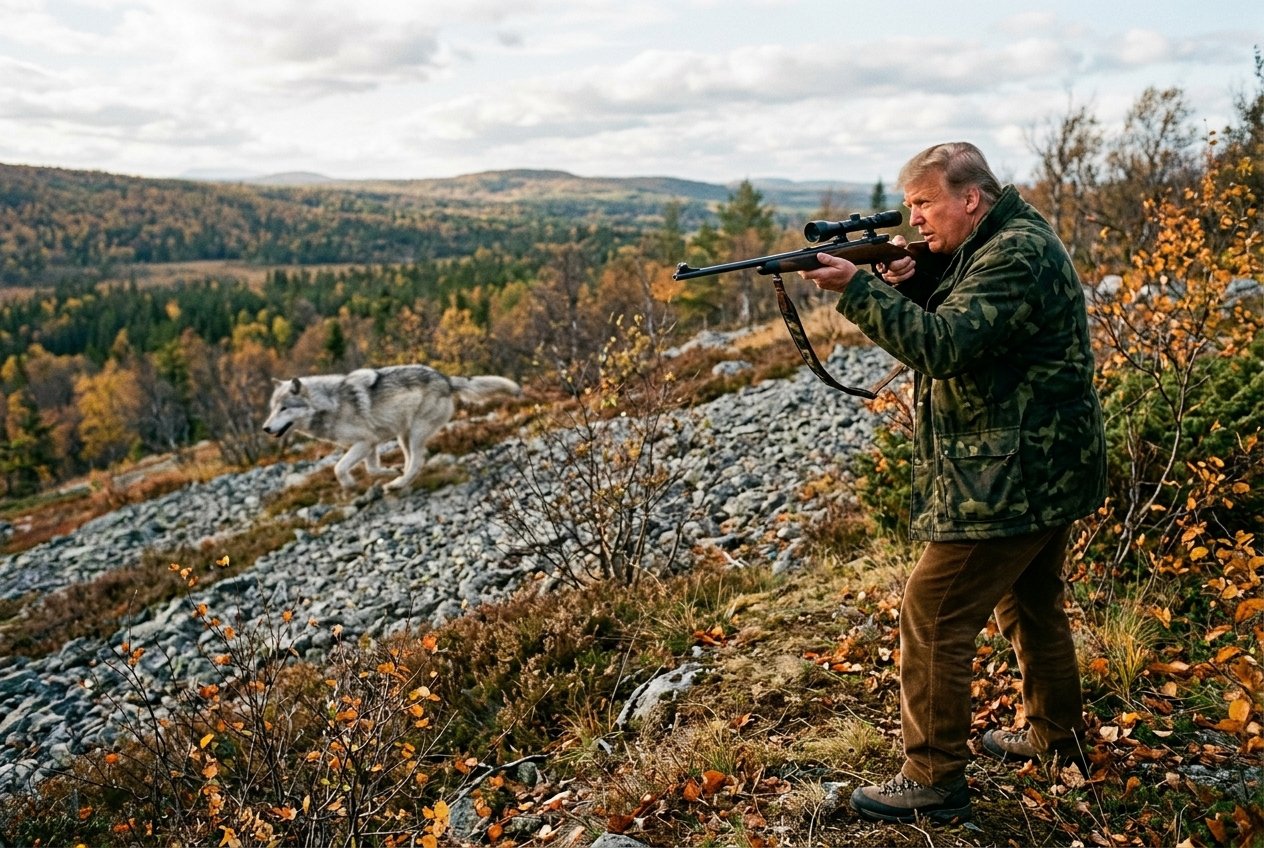 Donald Trump schießt einen Wolf | Pugnalom Hunter in camouflage aims a scoped rifle on a rocky autumn hillside as a gray dog runs ahead.