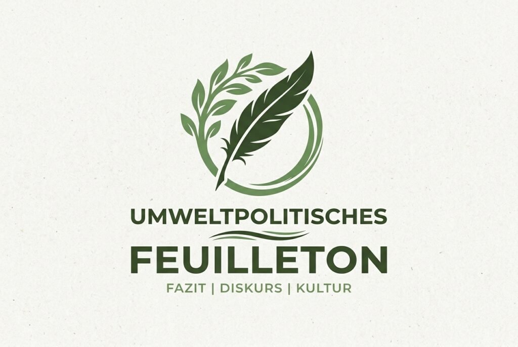 Ein Logo mit dem Titel Umweltpolitisches Feuilleton | Pugnalom Logo for'Umweltpolitisches Feuilleton' featuring green leaves and a feather within a circular motif, with subtitle 'Fazit | Diskurs | Kultur'