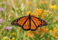Monarch butterfly with orange and black wings perched on bright orange wildflowers in a sunny meadow area.