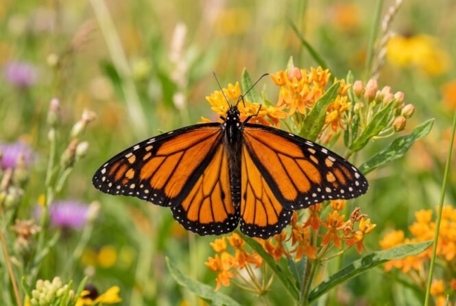 Ein Schmetterling | Pugnalom Monarch butterfly with orange and black wings perched on bright orange wildflowers in a sunny meadow area.
