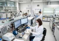 Scientist in a white lab coat and mask pipettes liquids at a workbench in a modern chemistry lab with computers and bottles nearby.