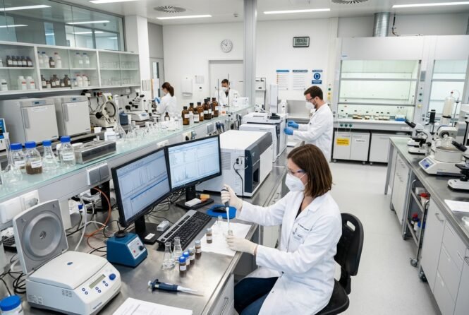 Ein Umweltmedizinlabor | Pugnalom Scientist in a white lab coat and mask pipettes liquids at a workbench in a modern chemistry lab with computers and bottles nearby.