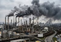 Industrial refinery with tall smokestacks emitting thick black smoke and orange flames, covering a wide facility with roads and vehicles nearby.