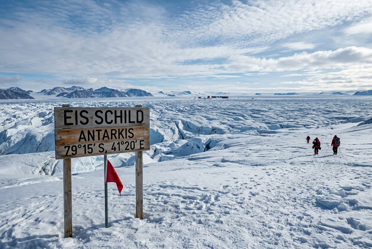 Wooden sign in Antarctic ice reads 'EIS SCHILD ANTARKIS 79°15'S, 41°20'E' as a group of explorers in red jackets approach in a vast icy landscape.