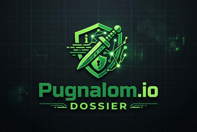Erstelle ein cooles Logo mit Pugnalomio DOSSIER In grün | Pugnalom Neon green shield logo with a dagger and circuit design, text reads 'Pugnalom.io Dossier'.