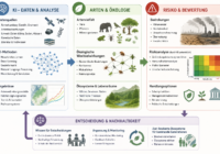 Infografik mit drei Abschnitten: KI-Daten & Analyse, Arten & Ökologie, Risiko & Bewertung, verbunden mit einem Pfeil zur Entscheidung & Nachhaltigkeit unten links/rechts.