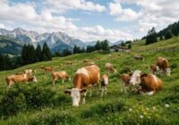 Cows grazing on a green hillside with wildflowers, a fence, and distant mountains.