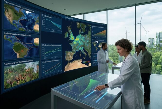 Scientists in a modern command center study a wall of climate data panels and interact with a touchscreen console; wind turbines are visible outside the windows.