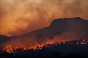 Wildfire burns along a forested hillside at dusk, with orange smoke-filled sky and glowing embers along the treeline.