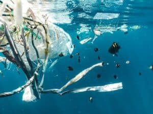 Underwater view of plastic bags and trash drifting among small tropical fish in clear blue water, highlighting ocean pollution.