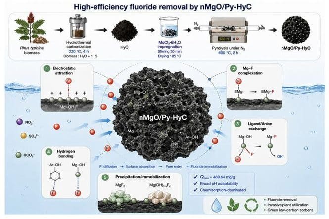 Schematic of fluoride removal using nano-MgO on pyrolyzed hydrochar (nMgO/Py-HyC) made from Rhus typhina biomass, showing synthesis steps and removal mechanisms (electrostatic attraction, Mg–F complexation, ligand exchange).