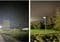 Night view of an industrial site with a tall cooling tower and bright floodlights.