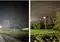Night view of an industrial site with a tall cooling tower and bright floodlights.